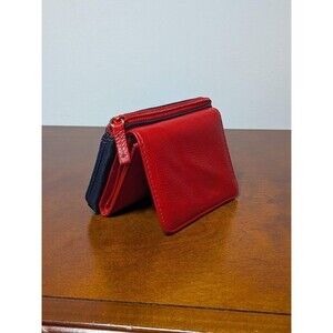 VTG Red Blue Pebbled Leather Trifold Wallet Slim Multi Pocket unisex coin purse